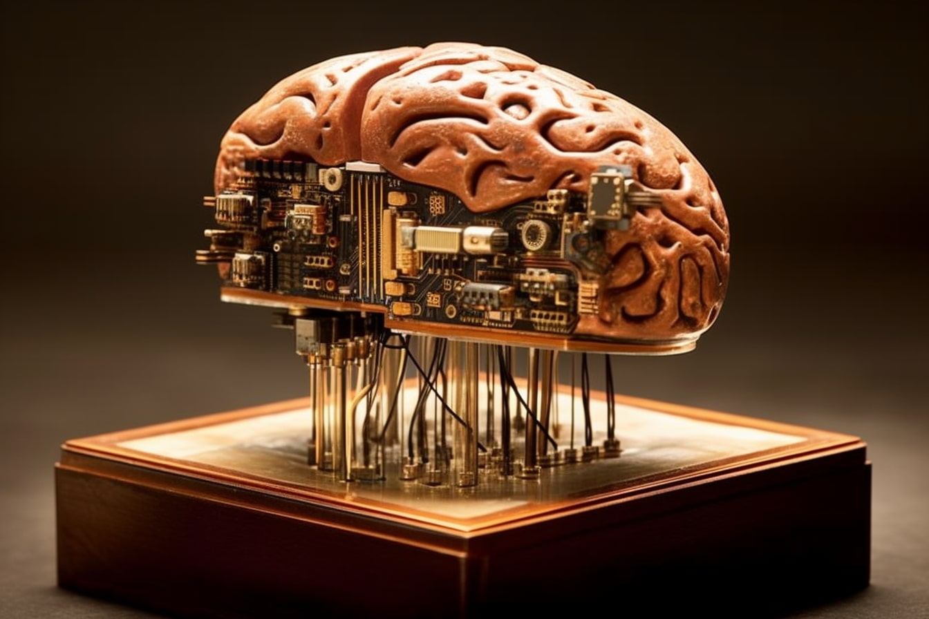 an illustration of a cross section of a brain with a computer chip through it
